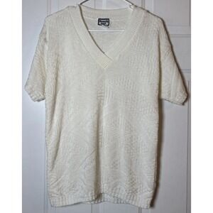 VTG Kenneth Too Womens M Ivory Textured Knit V Neck Short Sleeve Sweater‎ USA